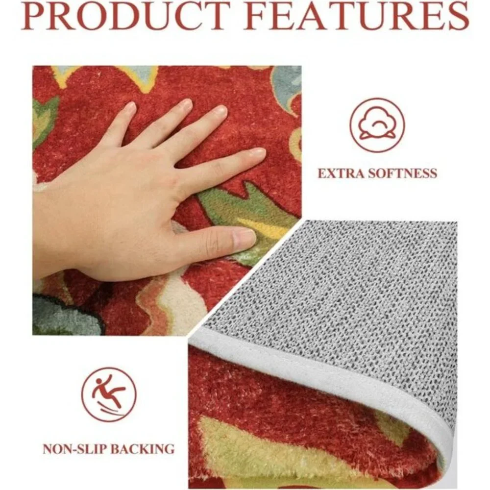 New 2 x 3ft Red Kitchen Area Rug, Washable Non-Slip Floral Mat for Home & Entry